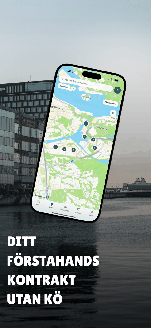 Kartvyn i Bostadsögat-appen med lediga lägenheter runt Södermalm och Hammarby sjöstad