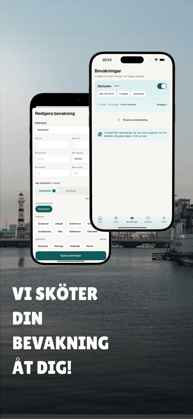 Bevakningar i appen: filter på hyra, rum, yta och område, med push och e-post