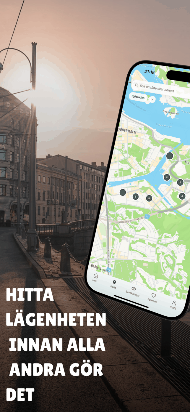 Kartan i appen med klustrade lägenheter över Södermalm